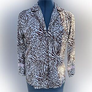 Natori Josie Animal Print Pajama Top - Brown and White draw string. Pink accents